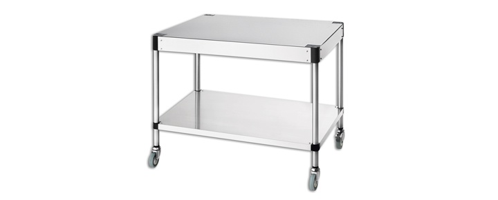 Chariots d&eacute;montables en acier inox sur roulettes avec &eacute;tag&egrave;re interm&eacute;diaire